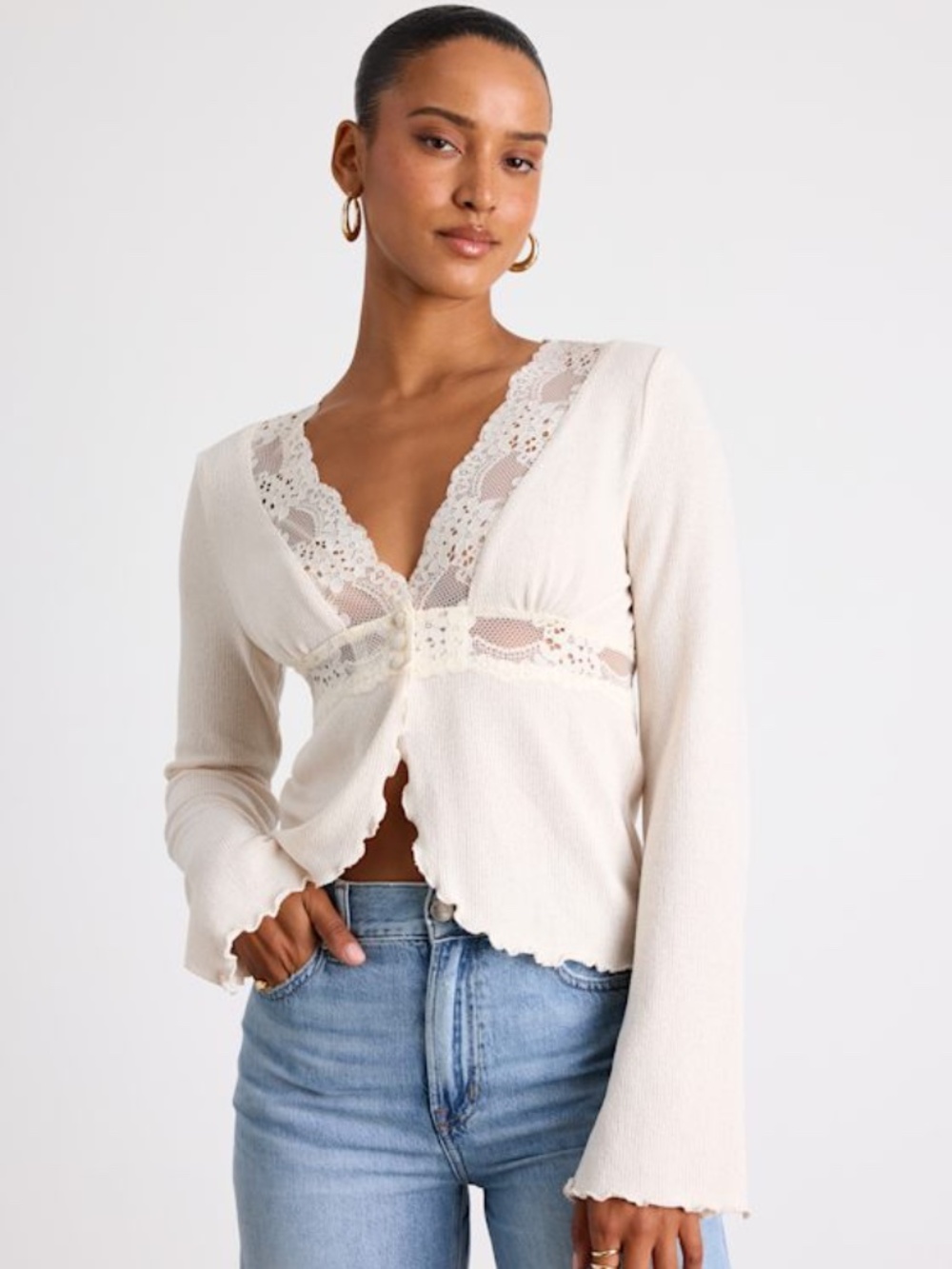 Lulus Jordy Ivory Lace Long Sleeve Sweater Top White - Size L